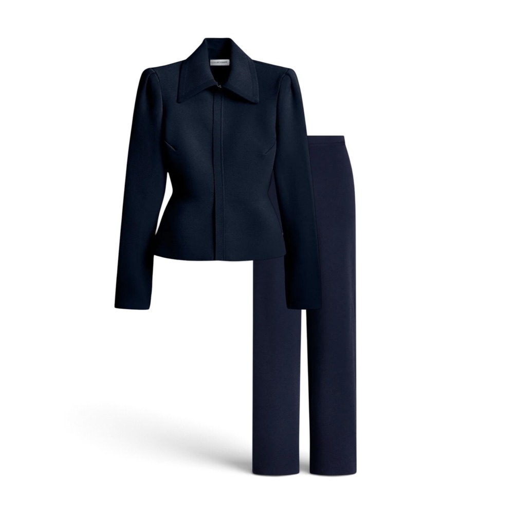 Scanlan Theodore Crepe Knit Peplum Jacket Pants Suit Set Navy M Pants NWT